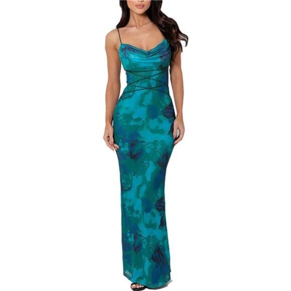 Dresses & Skirts - Women Vintage Spaghetti Strap Maxi Dress Sexy Low Cut Backless Floral Satin